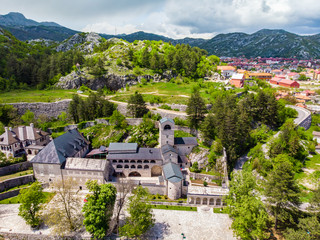 Fototapeta na wymiar Aeral view to Ancient Monastery of the Nativity of the Blessed Virgin Mary in Cetinje, Popular touristic spot in Montenegro