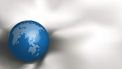 Abstract metallic dotted world map on blue sphere on white fabric silk background with copy space for text. Ratio 1920x1080 px. EPS10, Vector,  Illustration.