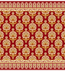 Seamless pattern and borders with various whimsical flowers. Suzani tribal style. Swatch and  pattern brushes are included in file. 