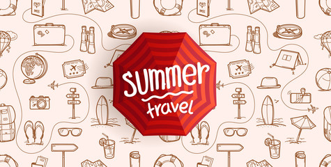 Summer travel vintage style concept. Composition with umbrella and lettering logo