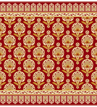 Seamless pattern and borders with various whimsical flowers. Suzani tribal style. Swatch and  pattern brushes are included in file. 