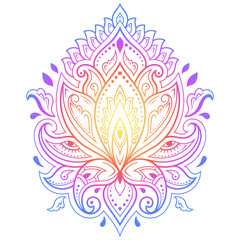 Colorful floral pattern for Mehndi and Henna drawing. Hand-draw lotus symbol. Decoration in ethnic oriental, Indian style. Rainbow design on white background.