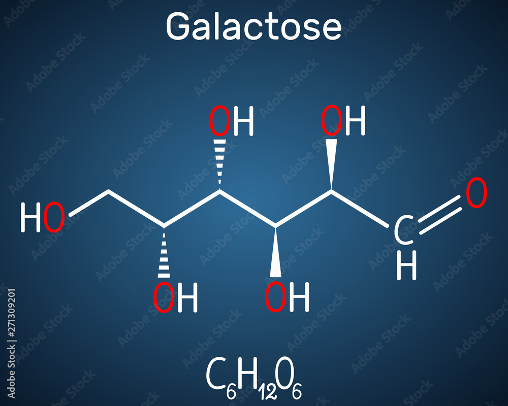 Sticker Galactose, D-galactose, milk sugar molecule. Linear form. Structural chemical formula on the dark blue background