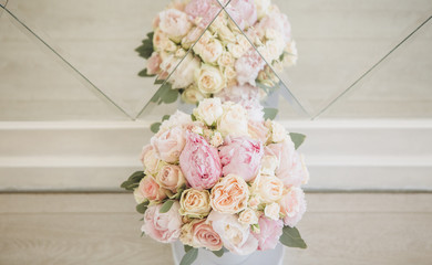bridal bouquet flowers rose peony mirror reflection
