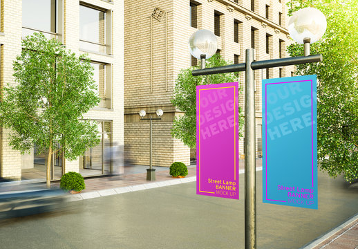 Street Lamp Post with Dual Banners Mockup