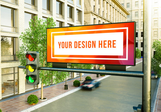 Horizontal Billboard over Traffic Light on Street Mockup