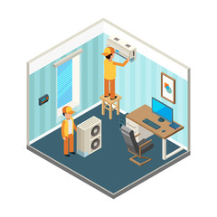 Install air conditioner. Technicians fixed electrical and cooling heating systems at office room vector isometric pictures. Illustration of install service, repair conditioning