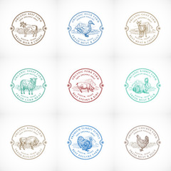 Organic Cattle and Poultry Farm Framed Retro Badges or Logo Templates Set. Hand Drawn Domestic Animals and Farm Landscape Sketches with Retro Typography. Vintage Sketch Emblems Collection.