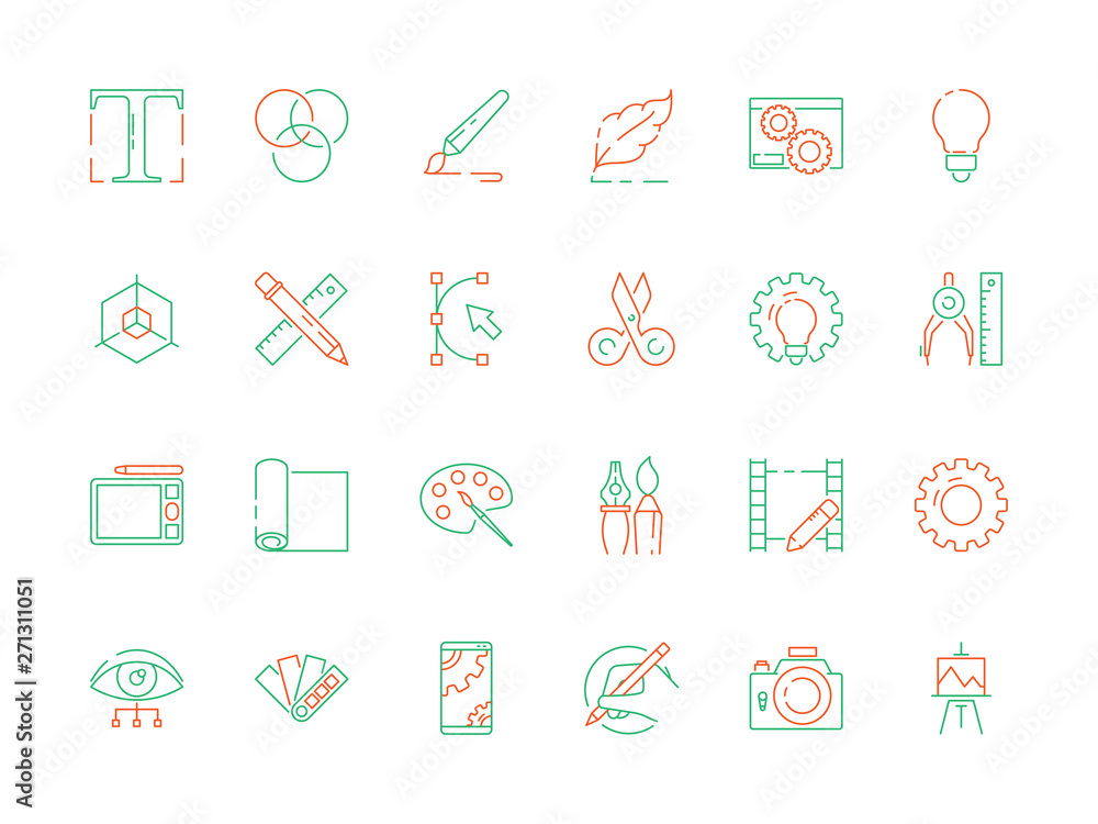 Poster design tools icon. code web designs artist items internet programming poligrafia vector thin icons. 