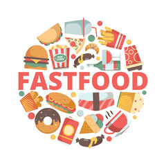 Fast food icons. Menu pictures in circle shape cold drink pizza burger sandwich ice cream vector fast food flat colored symbols. Illustration of burger and drink, pizza and sandwich