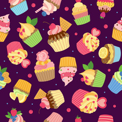 Cupcake pattern. Gourmet sweet baked products with syrup chocolate cream and fruits vector colored seamless textile design. Cake cream, cupcake yummy, dessert with cherry and fruit illustration