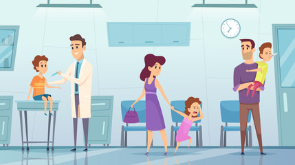 Vaccination in clinic. Medical background picture kids hospital doctor making safety injection from influenza vector healthcare concept. Illustration of medical vaccine, influenza syringe in clinic
