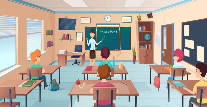 Lesson in classroom. Pupils at desks and teacher standing and pointing kids study near chalkboard vector cartoon background. Illustration of school education, lesson classroom