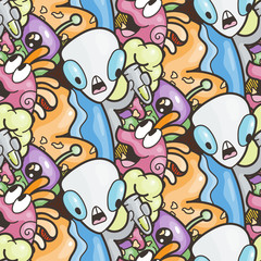 Seamless pattern with cute aliens and monsters. Nice for prints, cards, designs and coloring books