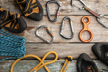 Climbing gear, equipment belaying carabiners, loops, ropes, climbing shoes - 271311873