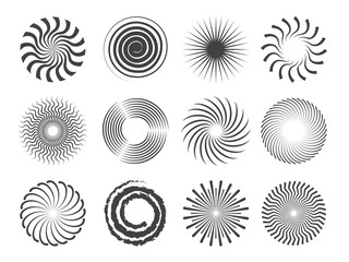 Spiral design. Circles swirls and stylized whirlpool abstract vector shapes isolated. Illustration of whirlpool and swirl, twirl radial, twist motion