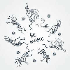 Hand drawn Kokopelli circle. Stylized mythical characters playing flutes.