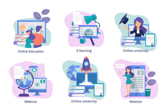 Online education. Web study distance trainings tutorials webinars and courses for students from teachers vector concept pictures. Illustration of webinar and e-leaning, online course, studying seminar