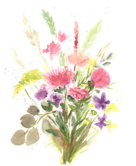 Colorful bouquet isolated on white background. Composition of flowers. Brunch of spring delicate flowers. Hand drawn watercolor illustration. Greeting card. Valentine, Mother's Day, Wedding, Birthday.