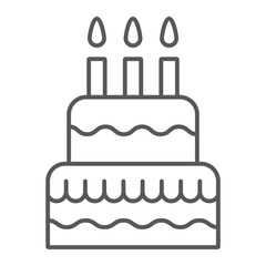 Cake with candles thin line icon, food and sweets, birthday cake sign, vector graphics, a linear pattern on a white background.