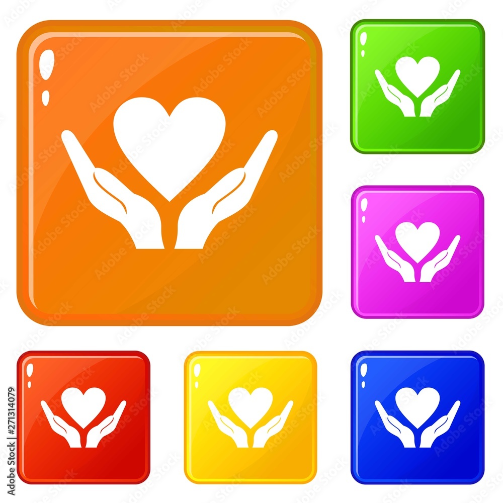 Poster hands holding heart icons set collection vector 6 color isolated on white background