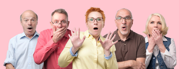 Obraz premium Oh no concept. Collage of mature men and women looking at camera, keeping mouth wide opened feeling shocked and stressed. Can not believe my eyes.