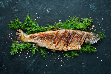 Baked Trout with Vegetables. Top view. Free space for your text. Rustic style.