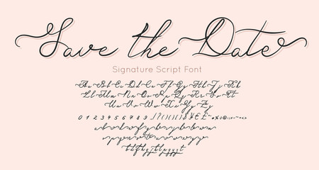 Save The Date vector font and alphabet. Vintage letters and numbers for fashion and wedding Invitation, card, banner