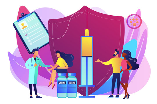 Woman getting flu shot. Contagious disease prevention. Vaccination of adults, adult immunization schedule, vaccine preventable diseases concept. Bright vibrant violet vector isolated illustration