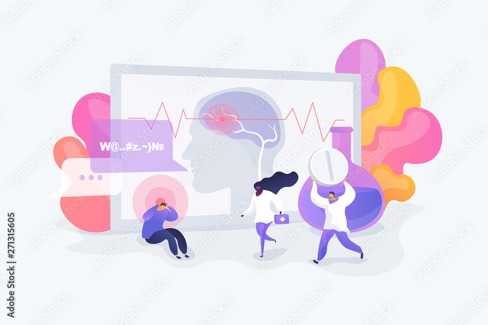 Sticker Migraine symptom, mental problem and disorder, brain disease. Man suffering from epilepsy. Stroke, headache, oxygen-deprived brain, first aid concept. Vector isolated concept creative illustration