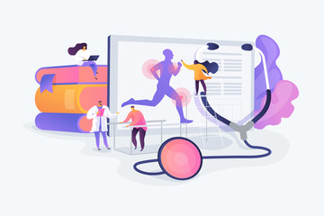 Training injuries treatment, physiotherapists helping patients. Sports medicine, sports medical services, sports physician specialist concept. Vector isolated concept creative illustration