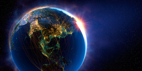 Detailed flight routes on Earth. 3D rendering