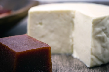 Cheese with guava, a typical Brazilian dessert called romeu and julieta, made at home. Caipiras and Brazilian traditions of Minas Gerais state.