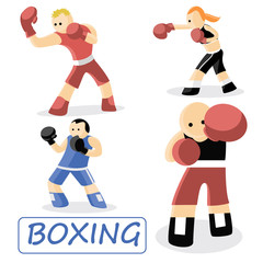 Boxing. Set of four boxers. Sport vector illustration. Cartoon characters athletes