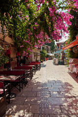 Fototapeta na wymiar Beautiful pink flowers in Street of old town Kaleici in Antalya