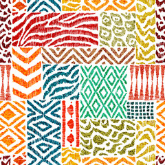 Seamless patchwork pattern. A collection of hand-drawn textures. Animal print for textiles. Ethnic and tribal motifs. Vector illustration in the style of boho. - obrazy, fototapety, plakaty