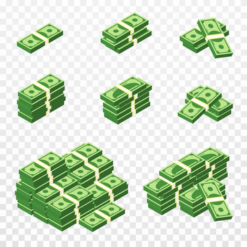 Bunches of money in cartoon 3d style. Set of different packs of dollar bills. Isometric green dollars, profit, investment and savings concept