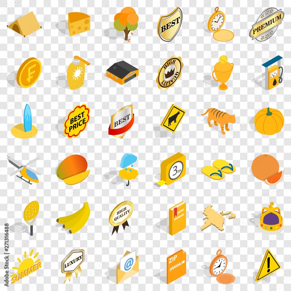 Poster summer icons set. isometric style of 36 summer vector icons for web for any design