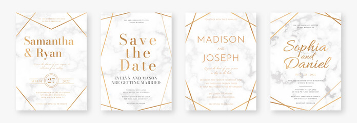 Wedding card design with golden frames and marble texture. Set of wedding announcement or invitation design template with geometric patterns and luxury background
