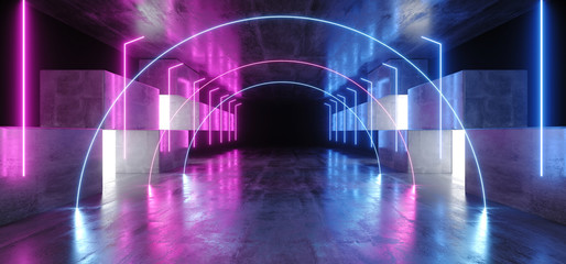 Neon Lights Arc Graphic Glowing Purple Blue Vibrant Virtual Sci Fi Futuristic Tunnel Studio Stage Construction Garage Podium Spaceship Night Dark Concrete Grunge 3D Rendering