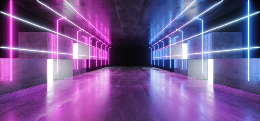 Neon Lights Graphic Glowing Purple Blue Vibrant Virtual Sci Fi Futuristic Tunnel Studio Stage Construction Garage Podium Spaceship Night Dark Concrete Grunge 3D Rendering