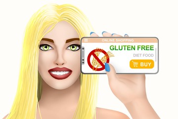 Concept gluten free diet food. Drawn pretty girl on colourful background. Illustration