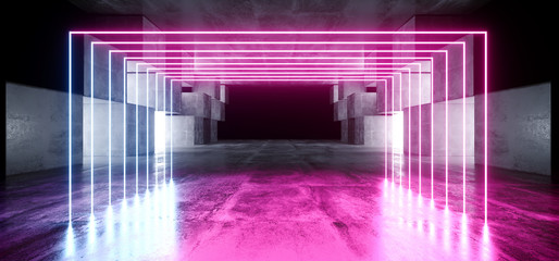 Neon Lights Graphic Glowing Purple Blue Vibrant Virtual Sci Fi Futuristic Tunnel Studio Stage Construction Garage Podium Spaceship Night Dark Concrete Grunge 3D Rendering