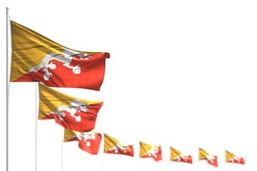 cute feast flag 3d illustration. - Bhutan isolated flags placed diagonal, image with bokeh and space for content