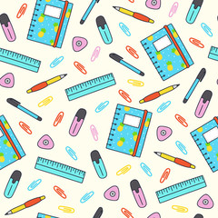 Back to school hand drawn seamless pattern. Flat vector illustration in cartoon style.