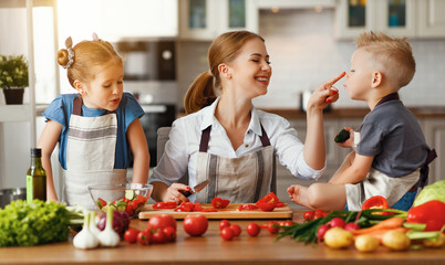 mother with children preparing vegetable salad  .