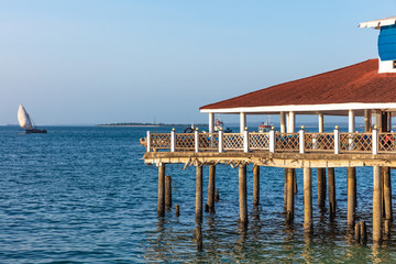 stilt floating house Stone Town waterfront in Unguja aka Zanzibar Island Tanzania East Africa