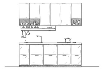 Sketch of the kitchen, front view. Vector