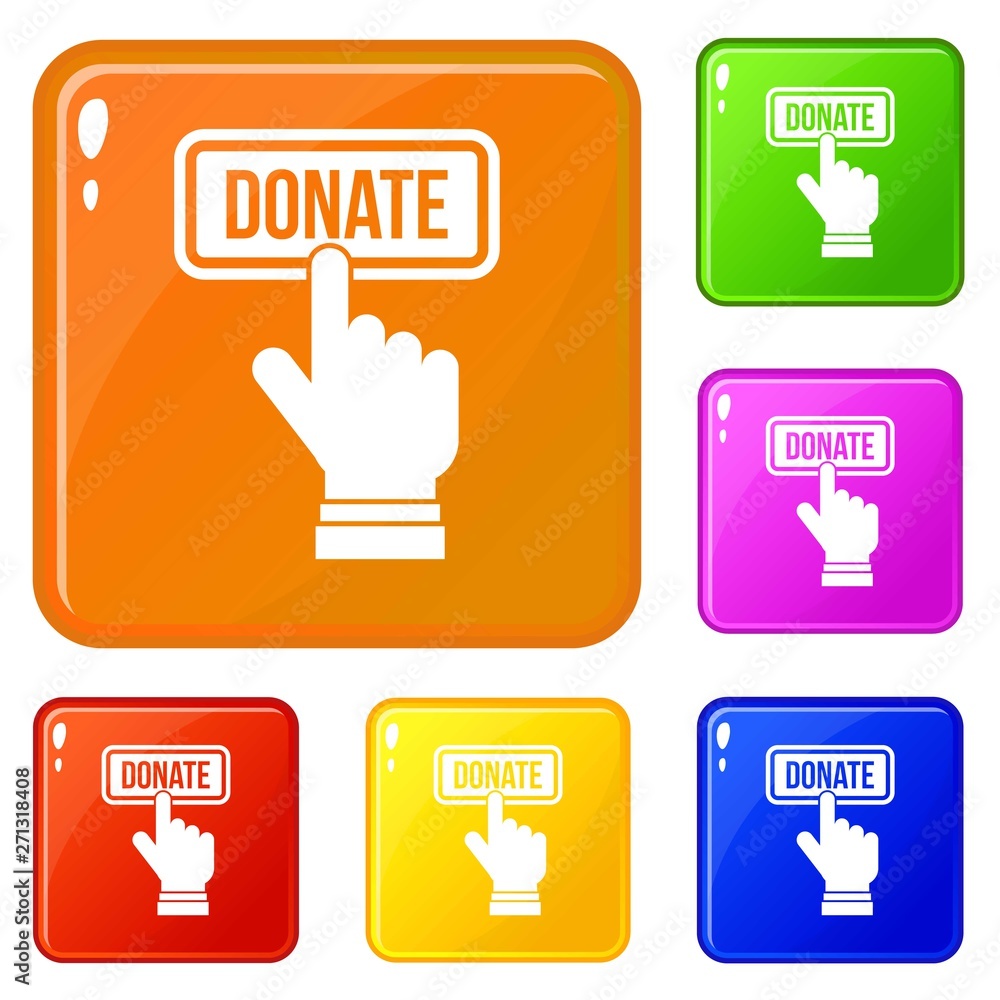 Poster hand presses button to donate icons set collection vector 6 color isolated on white background