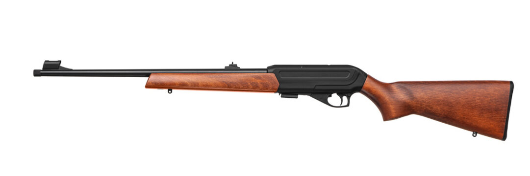 Small-bore rifle 22 lr with wooden butt isolated on white back